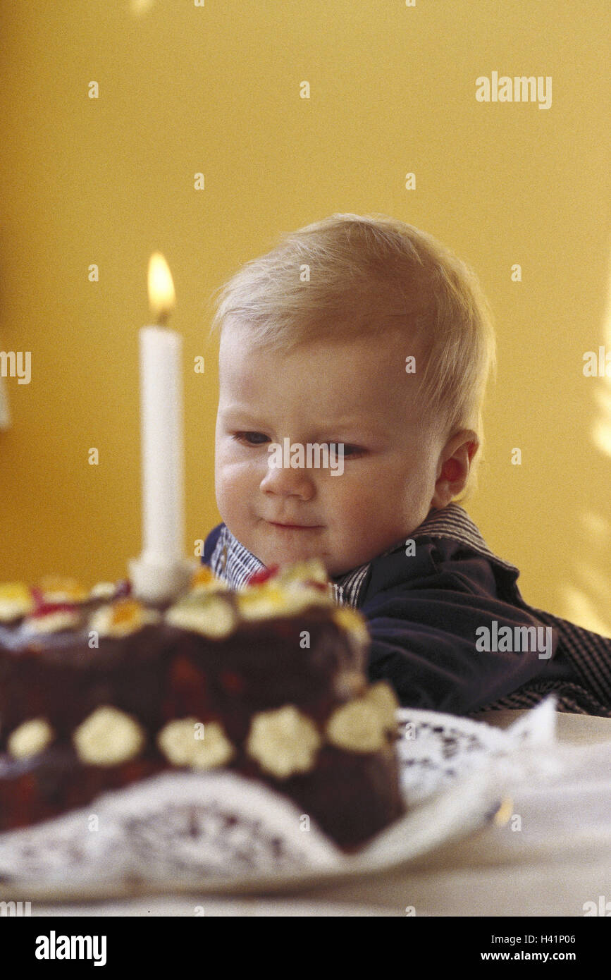 Infant, boy, birthday cake, candle, blast birthday, child, 1 year old, cakes, birthday cake, cake, cake, look, consider, give of a hand, curiosity, joy, childhood, children's birthday party, feast, celebration, party, birthday party, inside Stock Photo