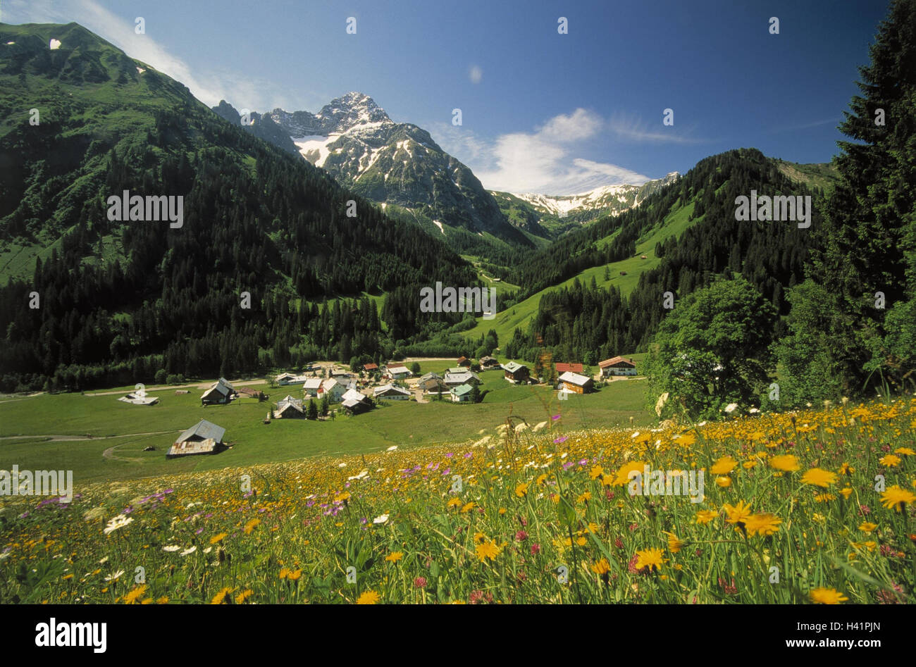 Austria, small Walsertal, Baad, 1244 m, local overview, Europe, Vorarlberg, Kleinwalsertal, district the parish Mittelberg, village, place, houses, residential houses, mountain landscape, mountains, Aries's stone, 2533 m, summers Stock Photo