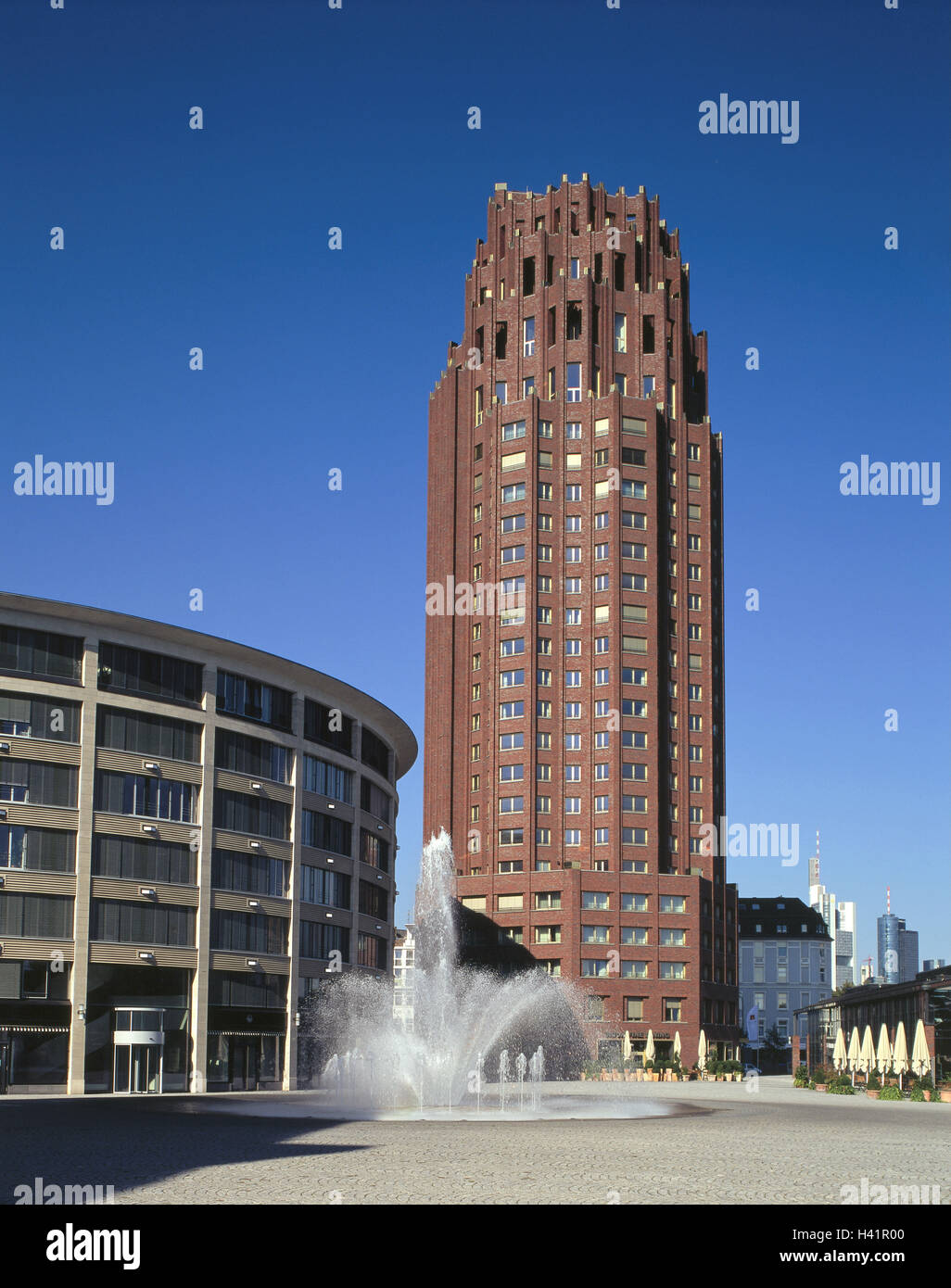 Germany, Hessen, Frankfurt on the Main, the Main plaza Tower, Height 88 m, fountains high rise, hotel, builds in 2001, architect Hans Kollhoff, building, architecture, architectural style, postmodern romanticism, Stock Photo