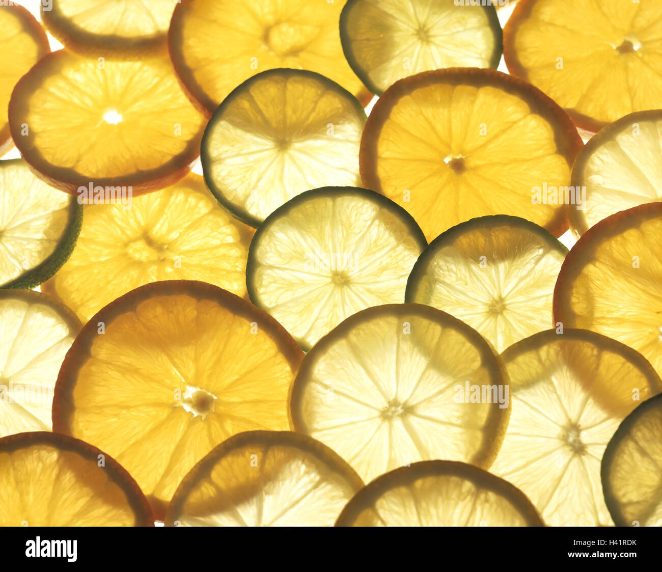 Oranges, limes, lemons, slices, transmitted light, fruits, tropical fruits, fruit, slices of orange, lime slices, cut open, food, nutrition healthy, rich in vitamins, Food, conception, sweetly, acidly, contrast, huge number, amount, Still life, material r Stock Photo