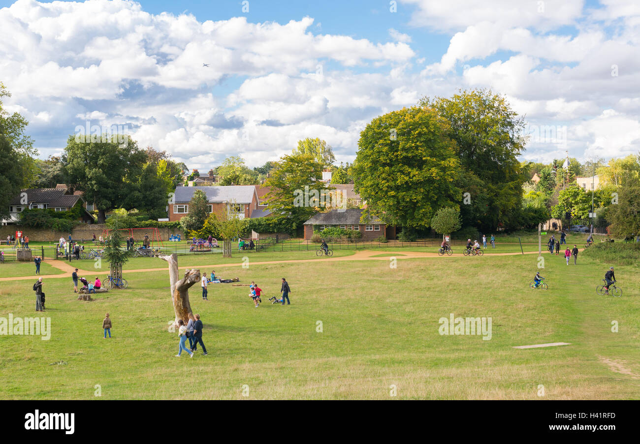 People, families and kids enjoying the sunny day in Richmond park near Petersham gate. Stock Photo