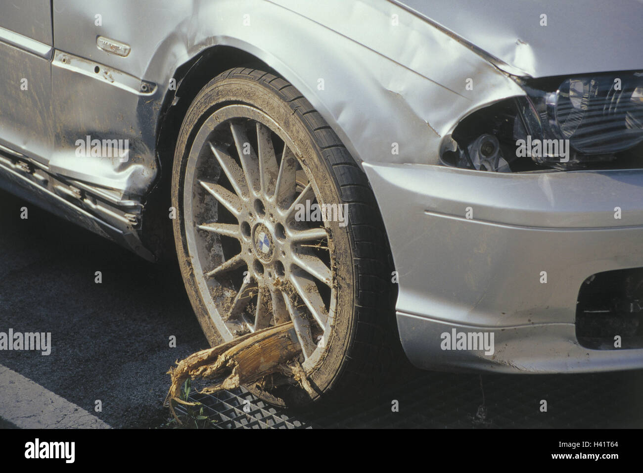 Traffic accident, car, front damage, wheel rim, wooden pole, BMW, traffic, accident, car