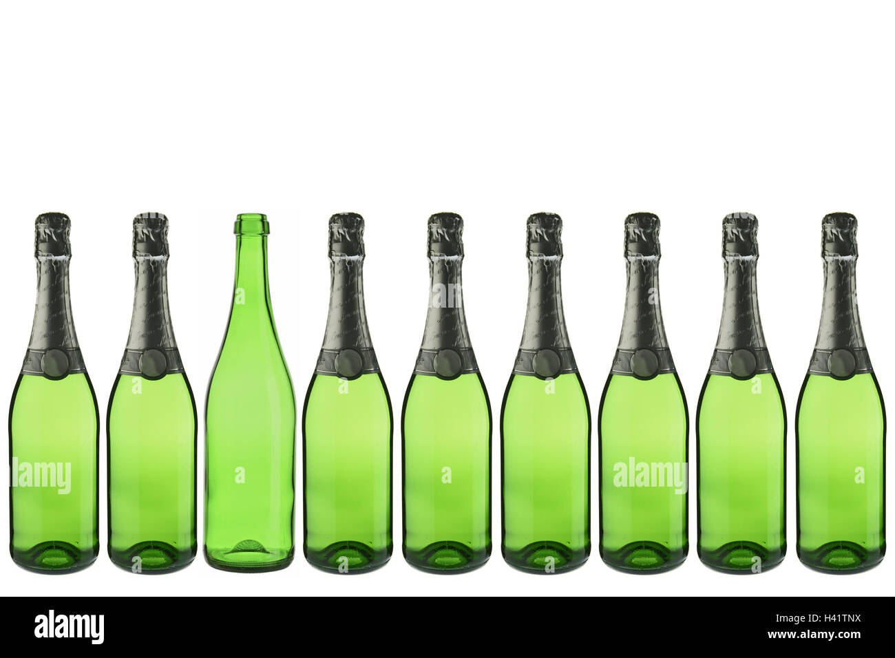 Champagne bottles, fully, unlabeled,   side by side, individual bottle, empty,   Bottles, glass bottles, champagne bottles, green, green glass, filled, filled, beverage, champagne, champagne, alcohol, many, strung, row, order, conformity, bottle, drunk up Stock Photo