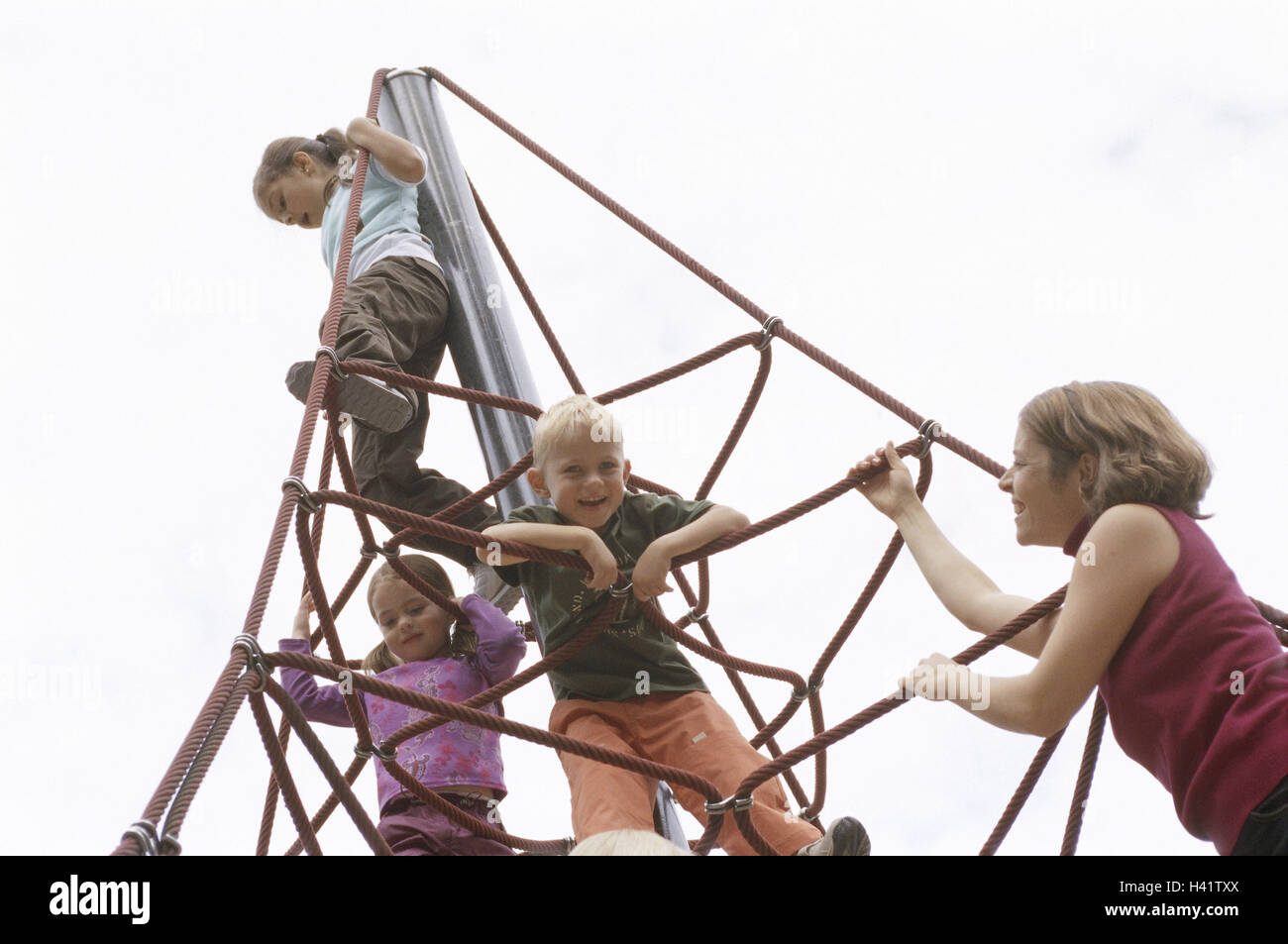 Playground, climbing frame, children, play, nut, control, leisure time, childhood, fun, adventure playground, leather, mast, ropes, skill, courage, have of a good head for heights, courageously, cheerfulness, girl, boy, friends, siblings, three, 3 - 6 yea Stock Photo