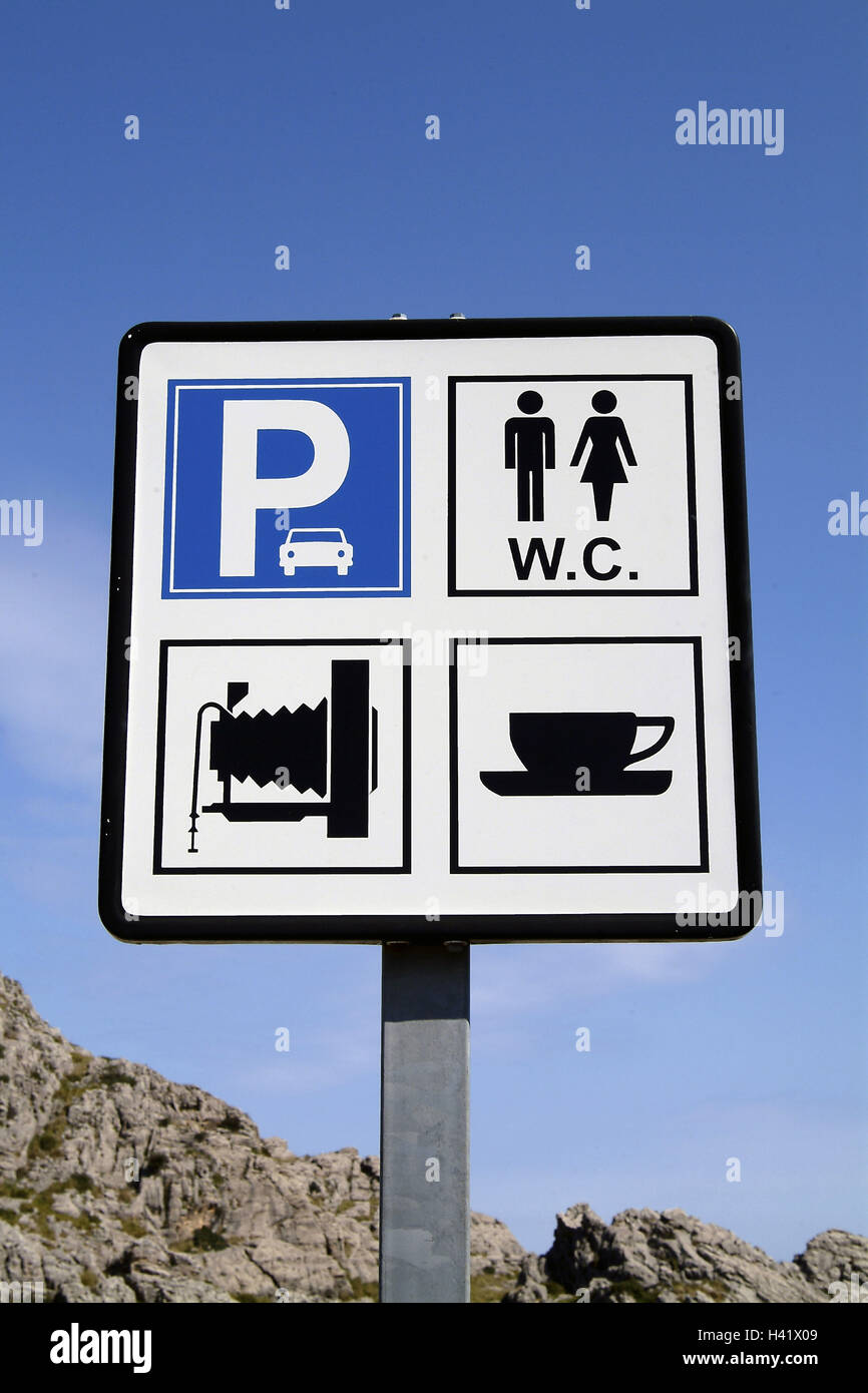 Sign, parking lot, WC, coffee, lookout, tip, sign, touristically, information, tourist information, parking facility, toilets, motorway service area, gastronomy, photo dot, Still life Stock Photo