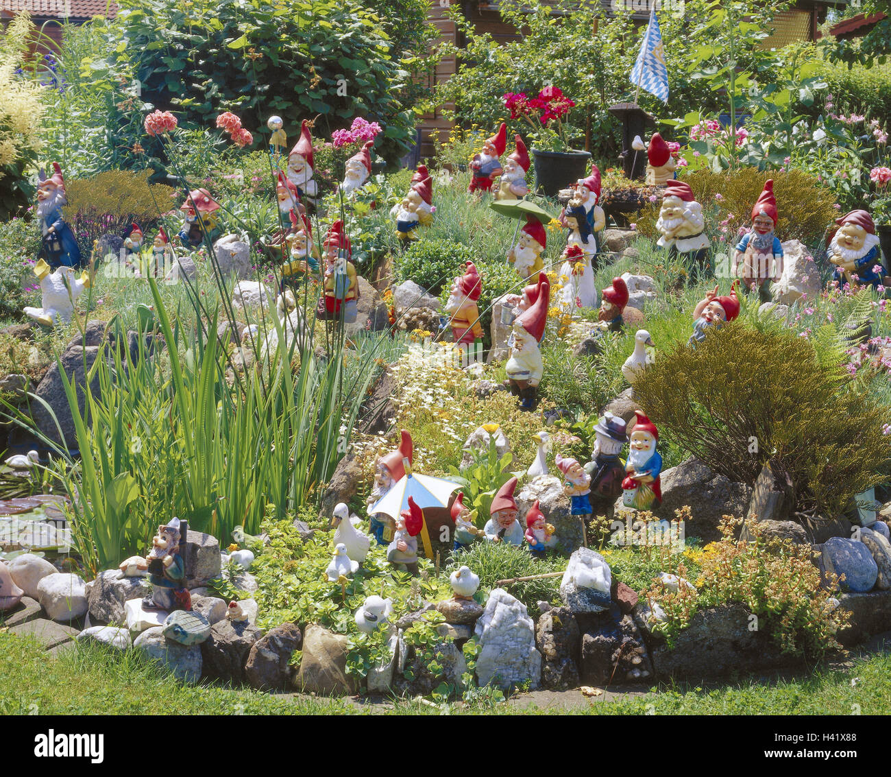 Germany, Bavaria, allotment garden, garden gnomes, Snow White, Stock Photo