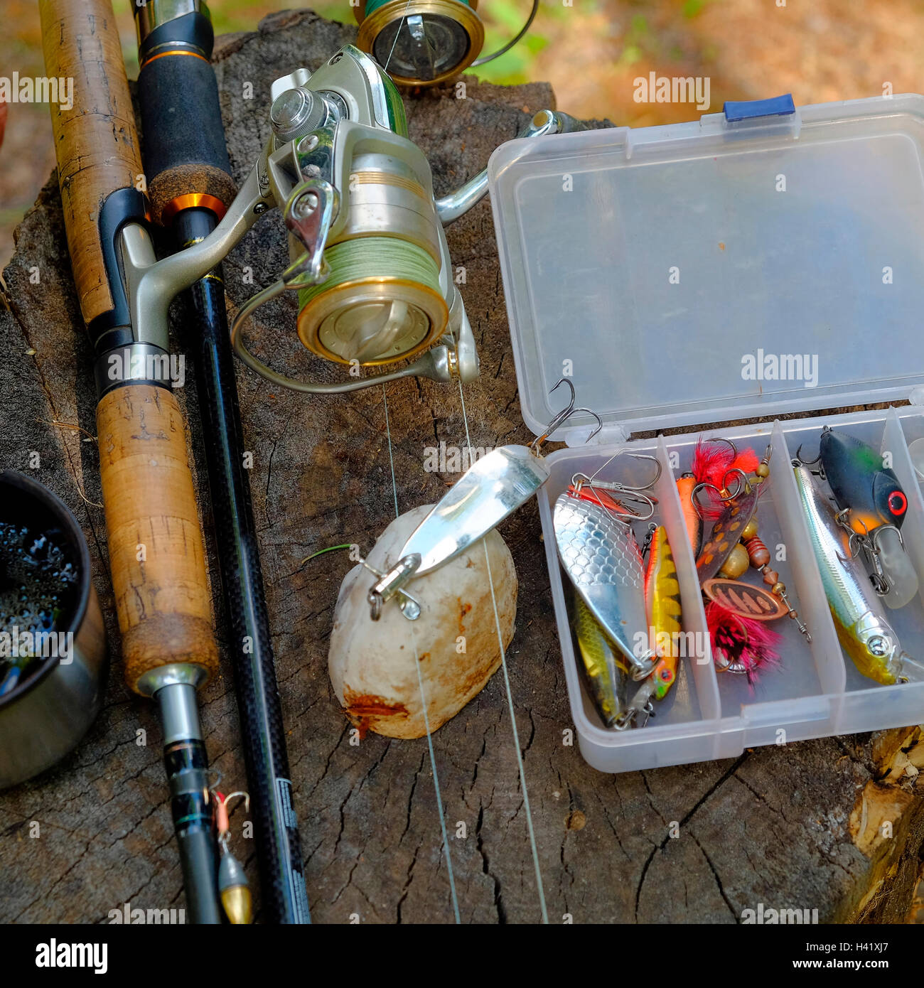 Fishing lures and fishing rod on tree stump Stock Photo