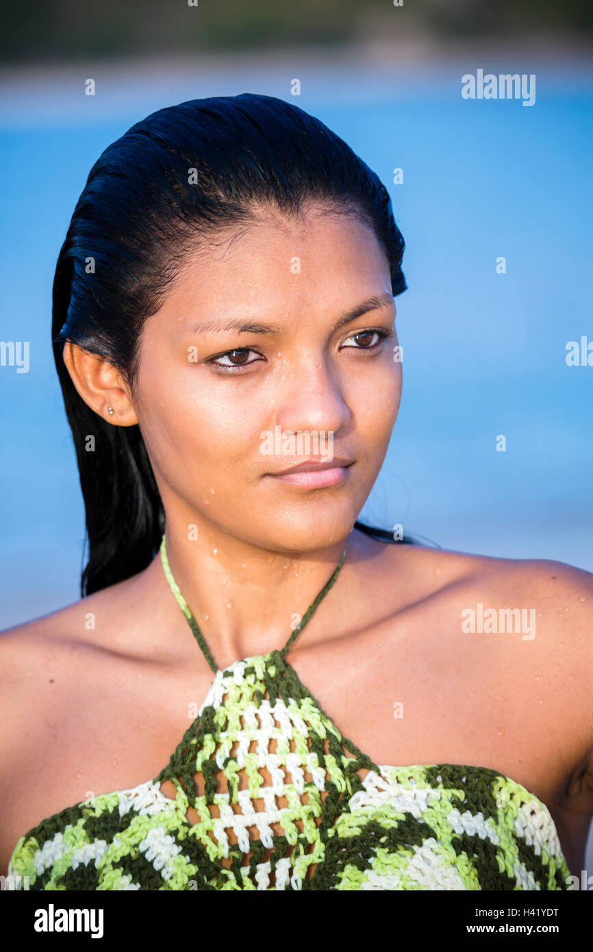 Mixed Race woman with wet hair Stock Photo