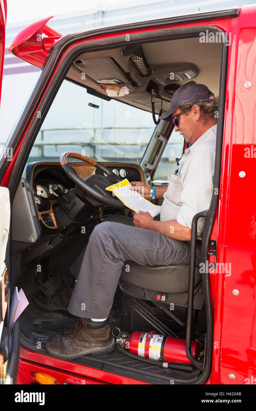Caucasian semi-truck driver reading paperwork Stock Photo