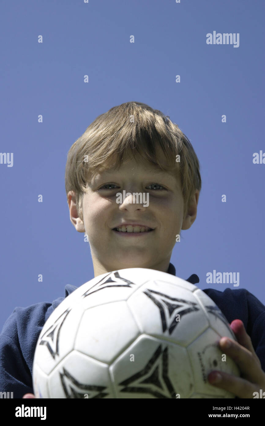 Boy, football, hold, happy, child, 10 years, portrait, childhood, laugh