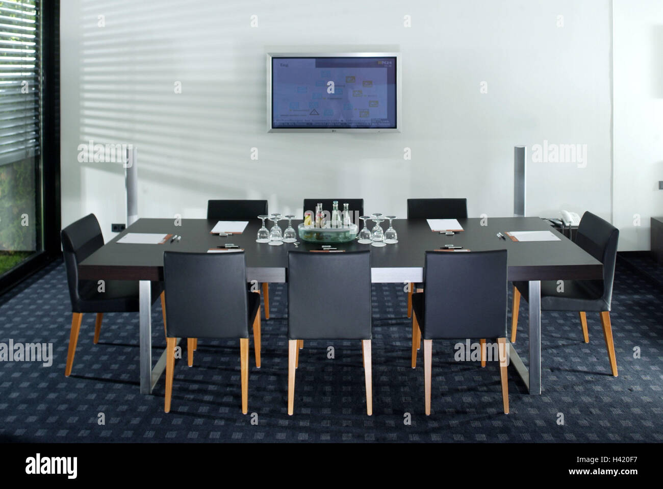 Meeting Room Conference Table Chairs Bases Glasses Drinks