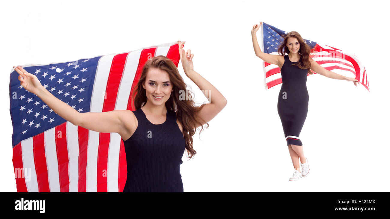 Happy young woman holding USA flag. Image isolated on a white background Stock Photo