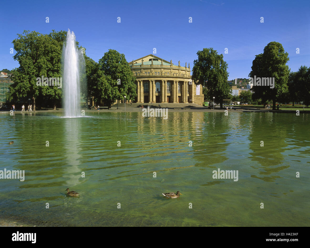 Germany, Baden-Wurttemberg, Stuttgart, state theatre, park, pond, water jet, Europe, town, Württembergisches state theatre, 'big house', building, structure, architecture, park, lake, play water, place of interest, summer Stock Photo