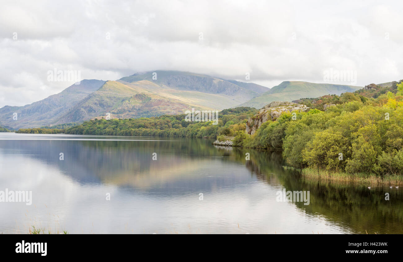 Llyn Padarn lake near the village of Llanberis and the distant Snowdon
