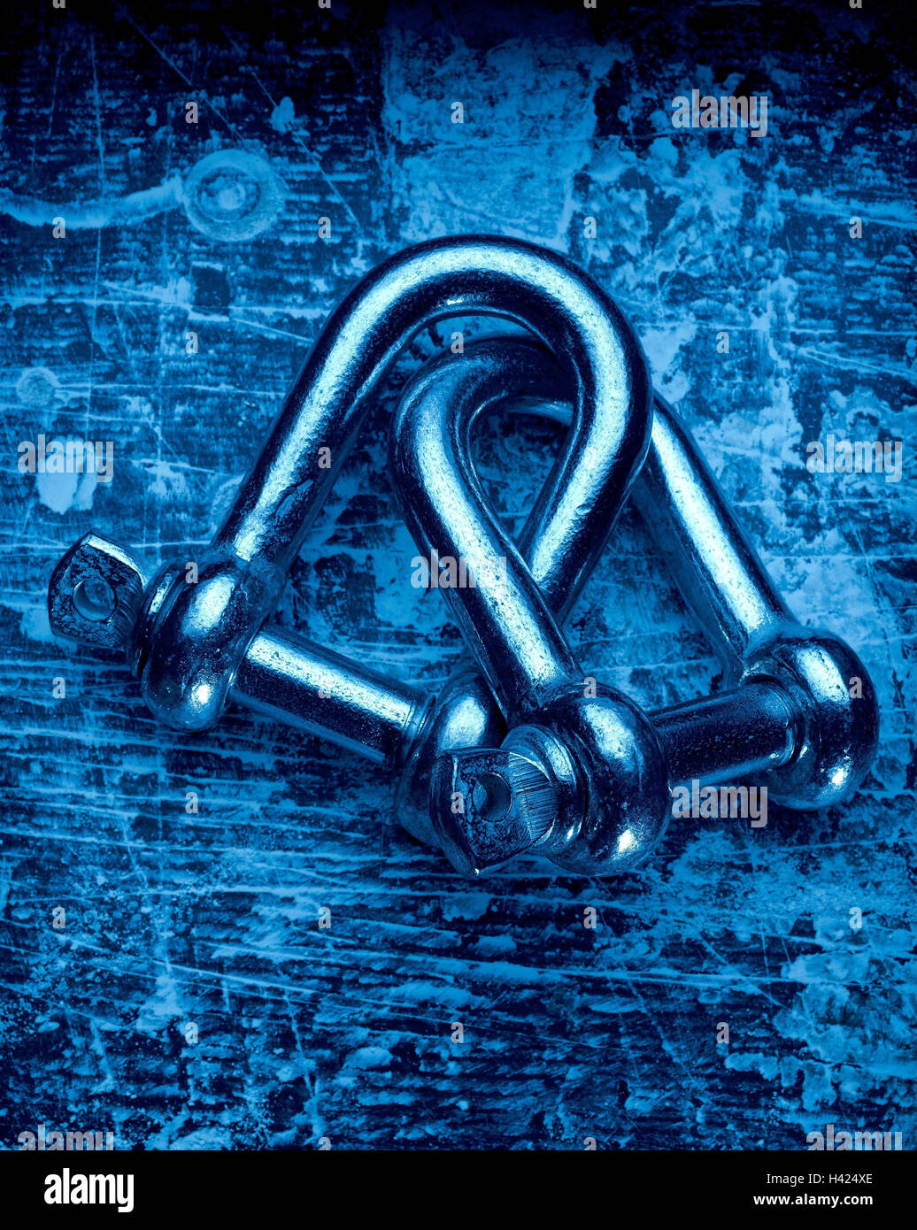 Tools, shackle, two, connection, Schraubbolzen, U-shaped, strap, sealable, metal, iron, connecting, fastening, plant, cohesion, fastening, product photography, Still life, blue Stock Photo