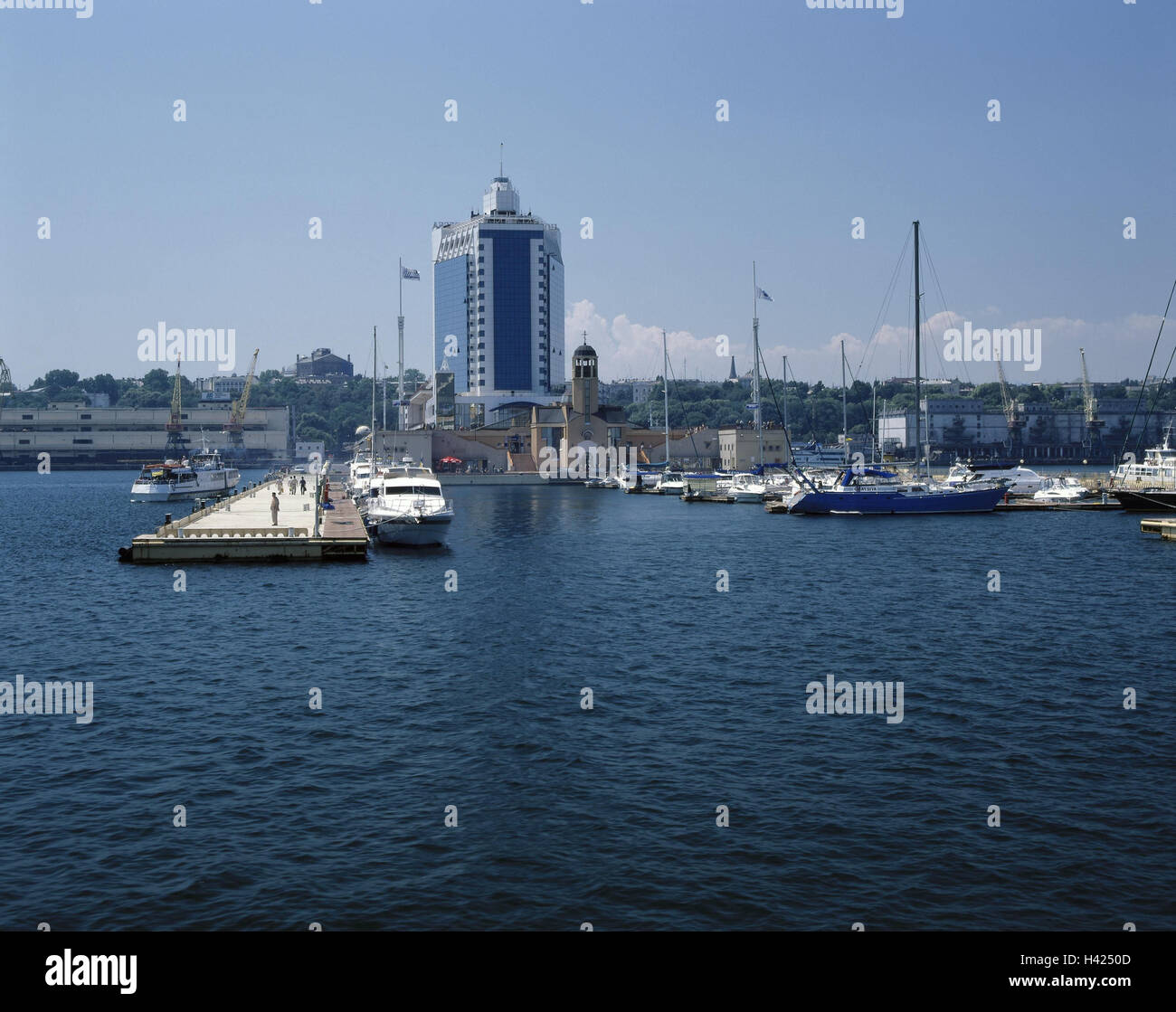 The Ukraine, the Black Sea, Odessa, town view, harbour, Kempinski hotel East, Europe, Respublika Ukraïna, Black Sea coast, jetty, boots, ships, anchor, hotel building, high rise, tourism, view Stock Photo