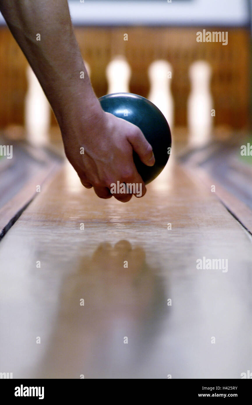 Bowling alley, cones, players,  Detail, hand, ball, aims  Leisure time, hobby, sport, track, cones, installation, game, bowlers, goal, attempt, clears, meets, match, sociability, skill, precision, marksmanship, Zielsicherheit, Stock Photo