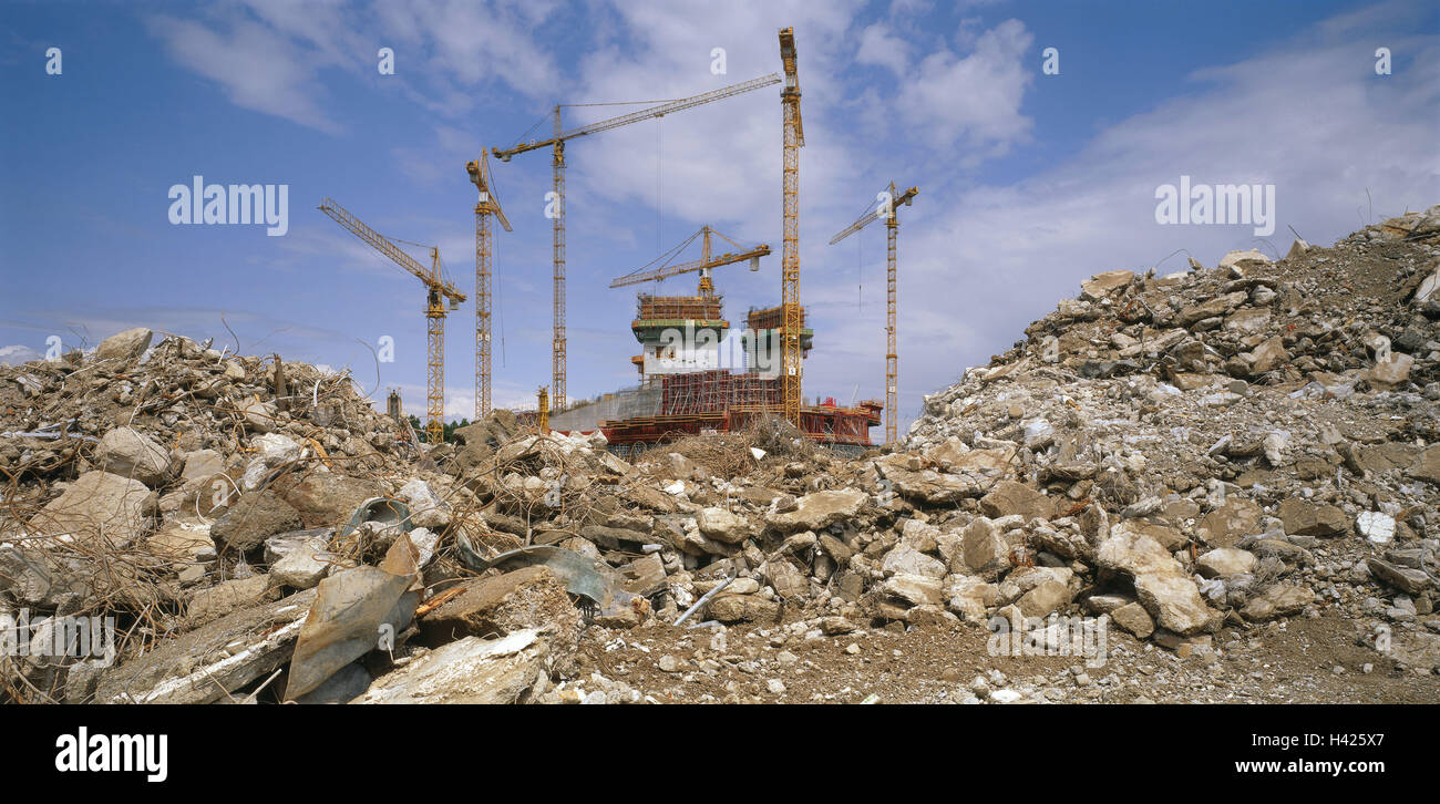 Germany, Baden-Württemberg,  Stuttgart, building site, high-rise construction,  Cranes, rubble, Economy, construction, building industry, buildings, high-rise, construction, formation, floors, reconstruction, floors, steel, concrete, framework, reconstruction, Baukräne, construction, stability, statics, demolition, rubble, concept, renewal, modernization, panoramic format, Stock Photo