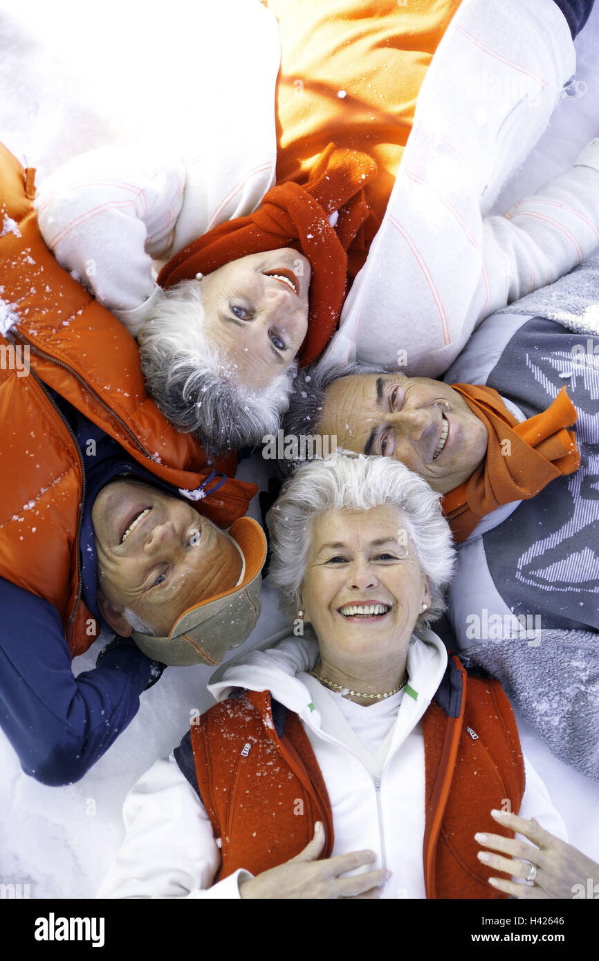 Senior couples, two, happy, lie, snow, circle, group picture, from ...