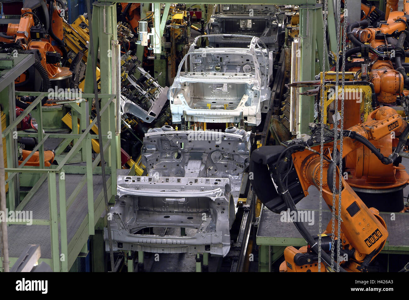 DaimlerChrysler opus, Mercedes production, editing line, bodies in white, welding bots economy, industry, automobile industry, factory, opus hall, cars, Pkw's, vehicles, Mercedes, S-Class, production line, car bodies, bots, robots, weld, computerizedly, p Stock Photo