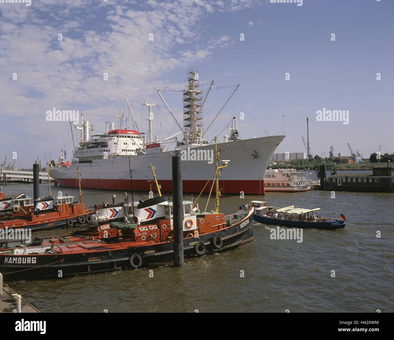 Germany, Hamburg, harbour, ship 'Cap San Diego', Europe, Hanseatic town, Saint Pauli, landing stages, the Elbe, museum ship, ship, label, stroke, ship name, general cargo freighter, restores, navigation, place of interest Stock Photo