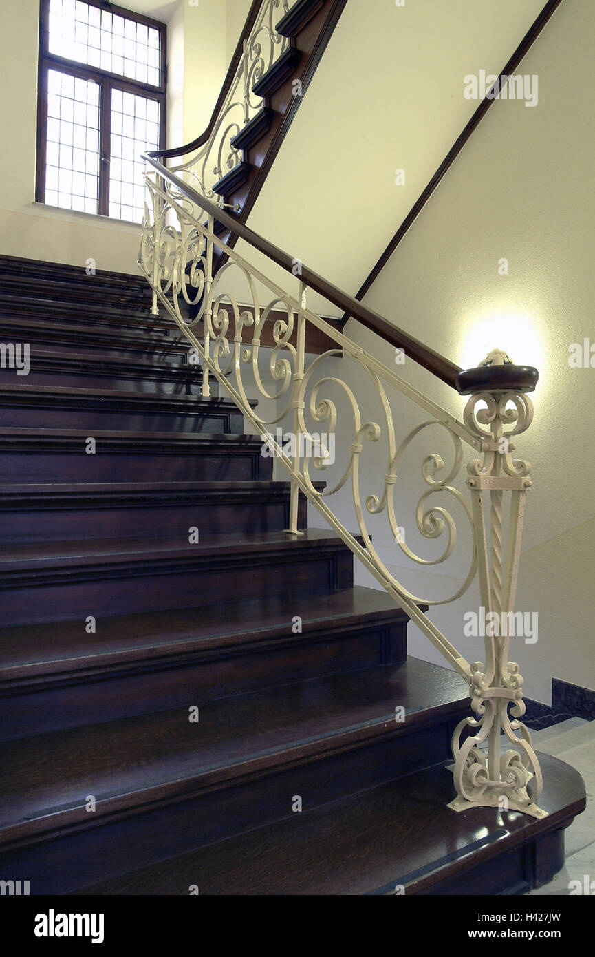 Stairwell, wood stairway, hand-rails, decorate, windows, light ...