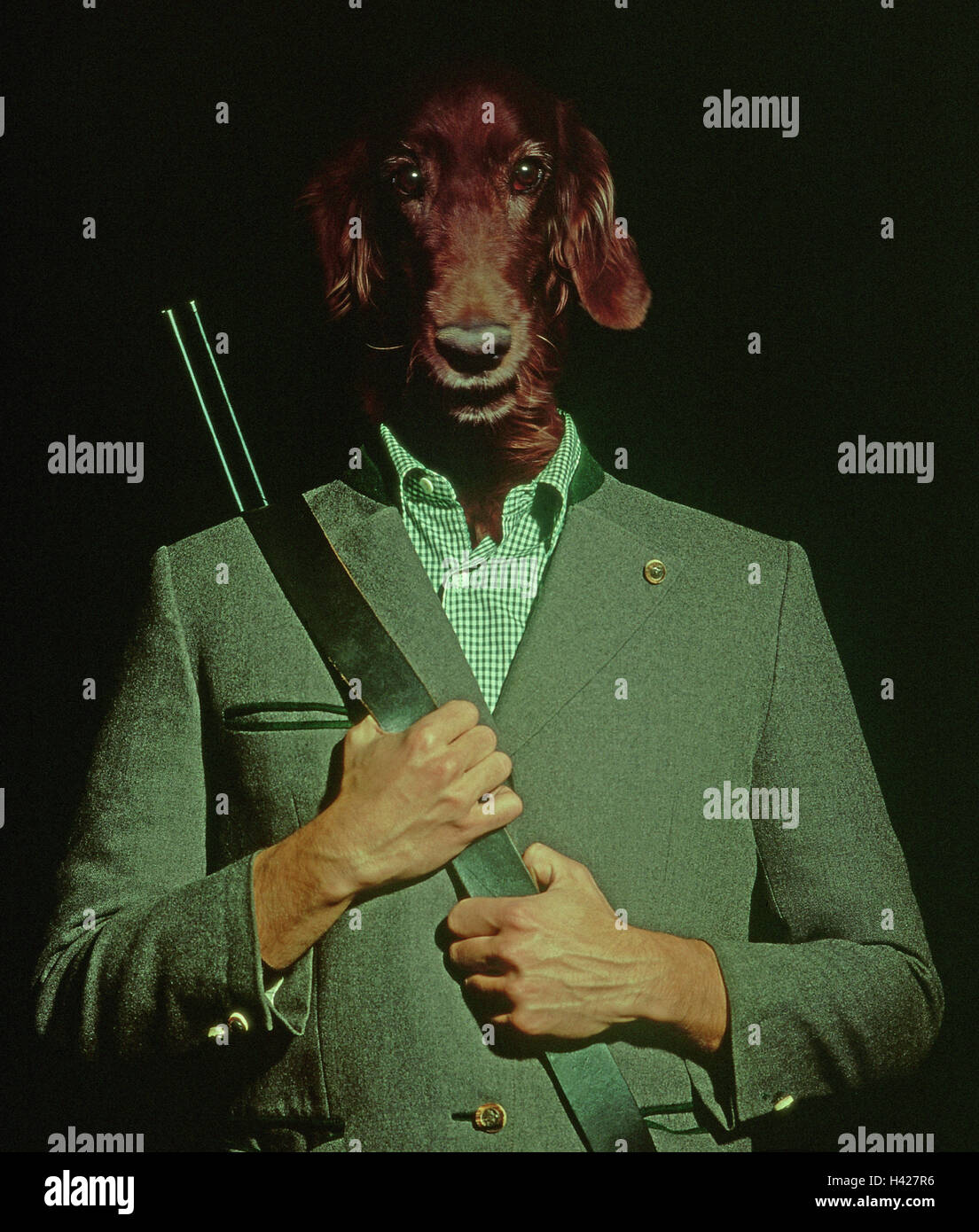 Composing, hunter, dog head man, man's hands, gun, animal head, dog