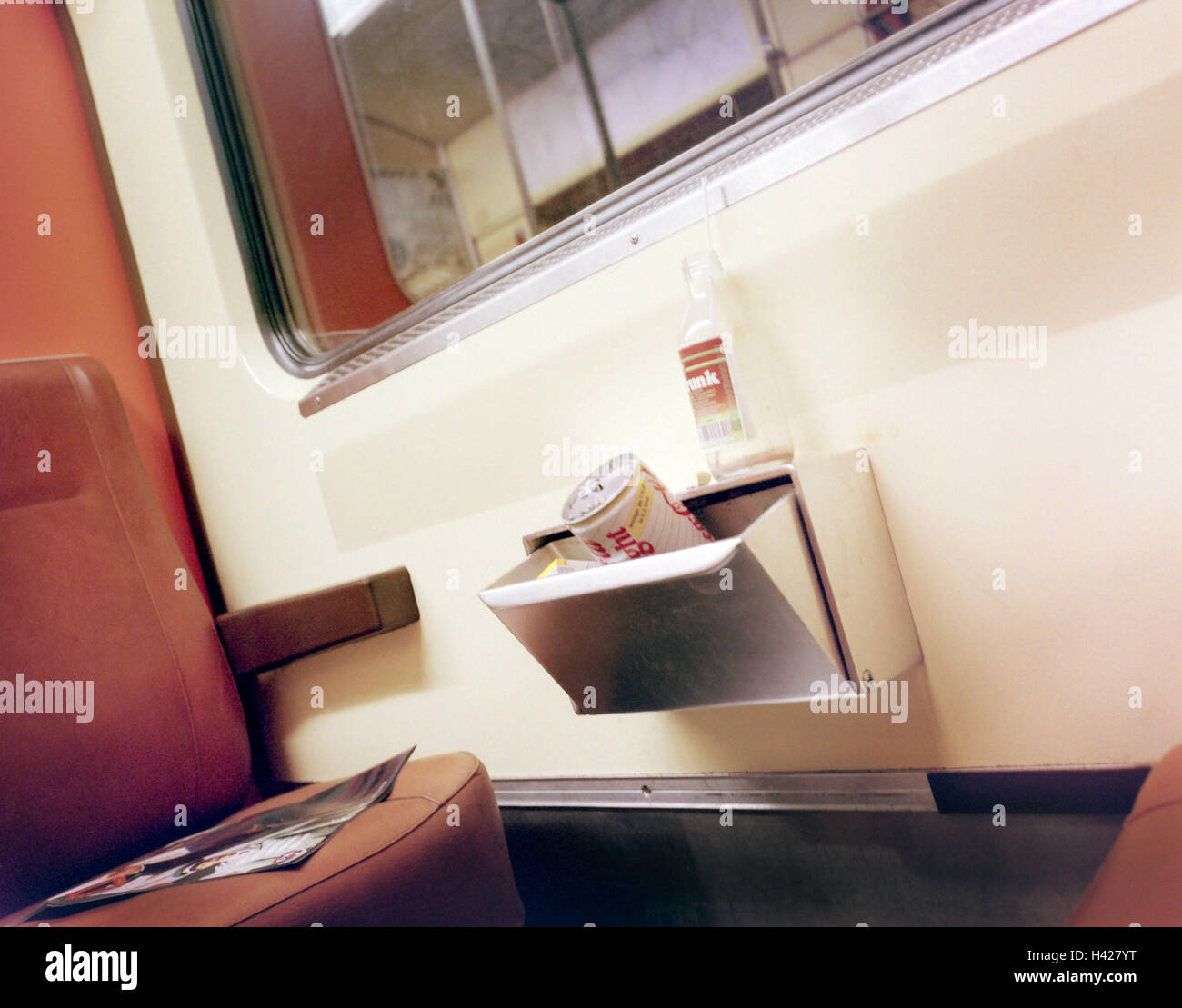 Subway, trashcans, garbage   Means of transportation, publicly, train compartment trash cans, garbage receptacles, frankly, overfills, waste, bottle, empty, beverage can, bench, magazines, left, concept, neglect, descended, indifference, Stock Photo