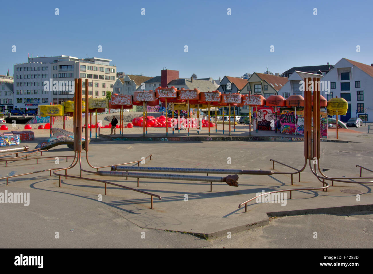 Geopark, a colourful urban playground constructed from recycled materials from oil industry next to the oil museum in Stavanger Stock Photo