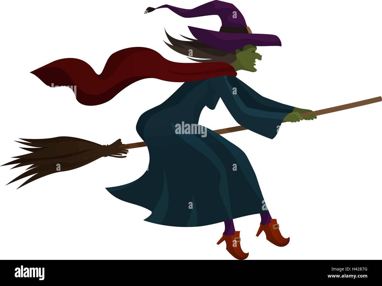 Halloween. Old witch flying on broom. Vector illustration Stock Vector