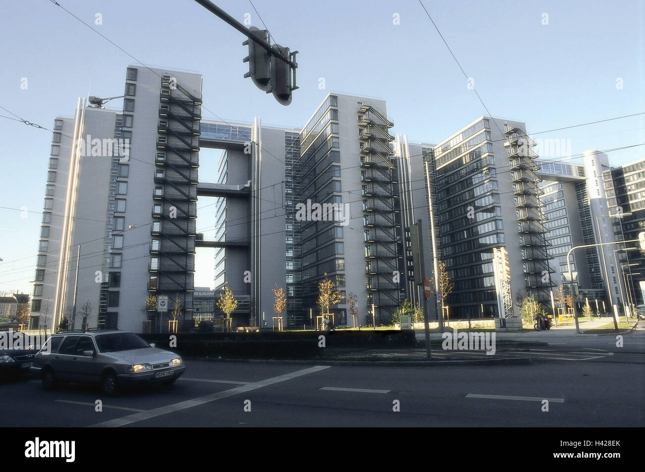 Germany, Upper Bavaria, Munich,  Telekom-Center, street, traffic,   Bavaria, office buildings, buildings, Ten towers Telekom Center, construction, multilevel, connection walks, outside stairways, fire stairways, Nottreppen, architecture, street scene, cit Stock Photo