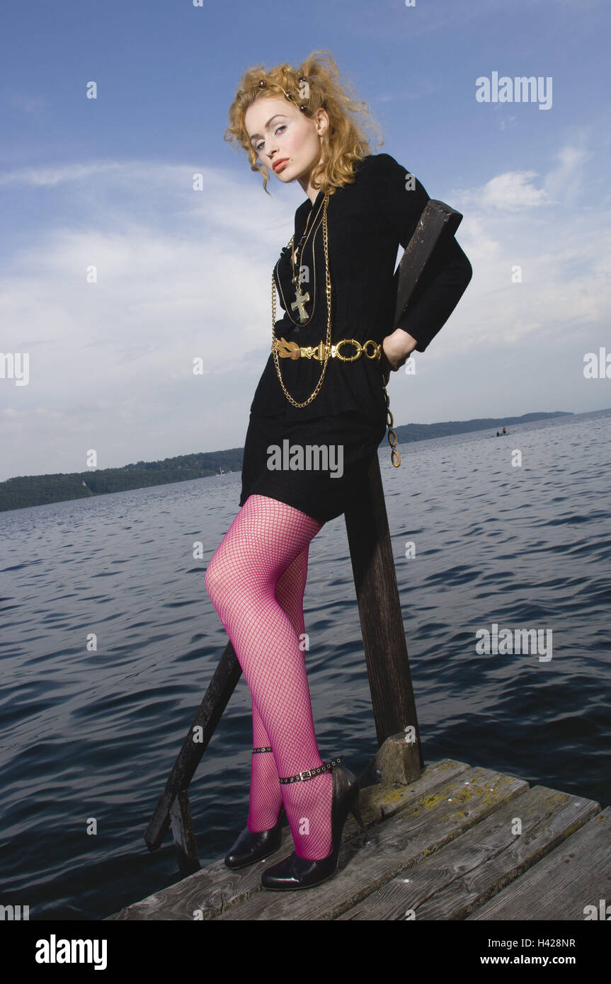 Lakes, bridge, woman, young, fashionably, pose, person, young, red-blond, minidress, black, network socks, pink, stilettos, Highheels, jewellery, necklaces, costume jewellery, stand, wait, self-assurance, fashion, outfit, styling, arrogance, sublimity, decadent, lifestyle, Stock Photo
