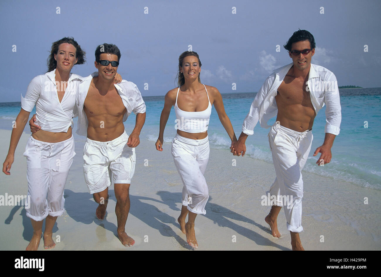 Couples, young, beach, run, happy, model released, men, women, people, outside, friends, four, people, happy, browned, holiday acquaintance, lifestyle, vacation, recreation, sea, with each other, leisurewear, clothes, white, fun, exuberance, Stock Photo
