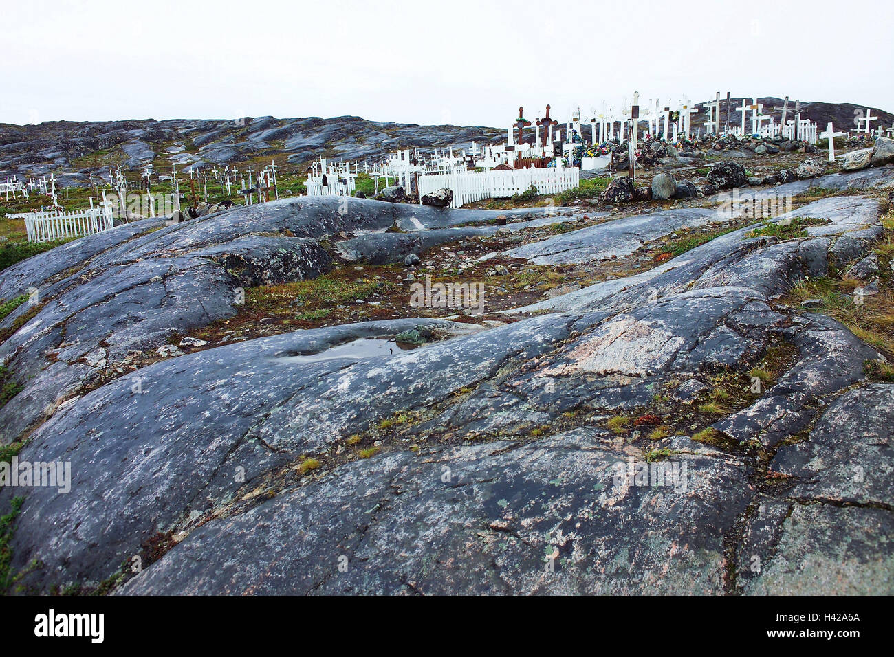 Greenland, Ilulissat, cemetery, Westgrönland, town, Jakobshavn, tombs, death, tombs, grief, memory, burial ground, rock, coastal region, disco bay, travel, resignation, Stock Photo