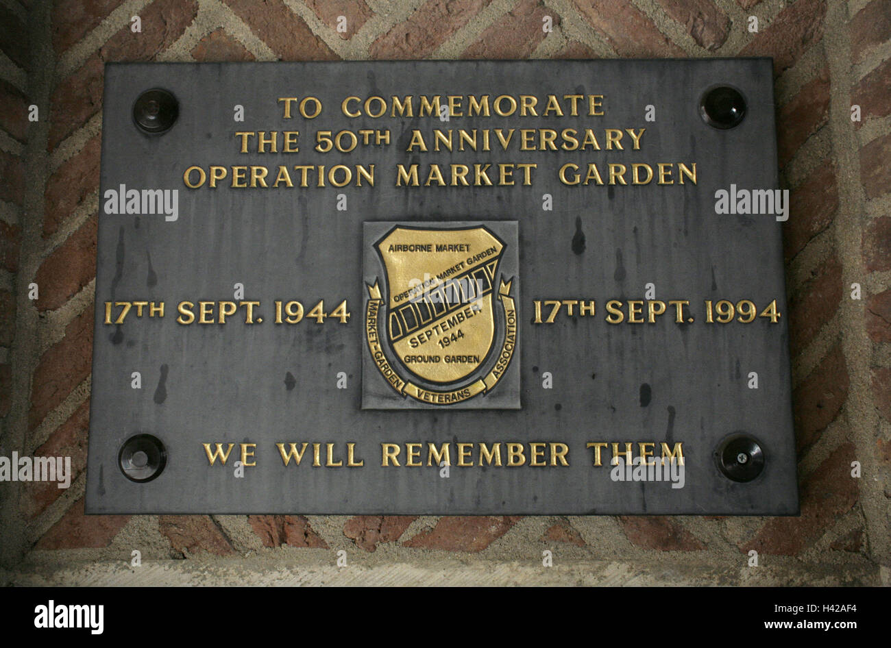 The Netherlands, Holland, Nijmegen, facade, commemorative table, 'operation Market guards', Benelux, wall, sign, recollection, memory, air-to-surface operation, recollection, nobody, product photography, Stock Photo