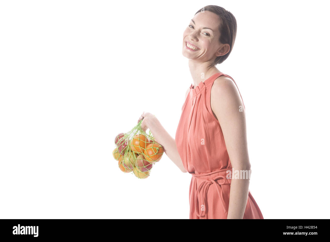 Woman, string bag, fruit, smile, happily, Stock Photo