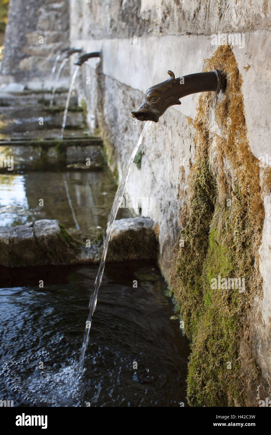 France, Hitting Provence, La Palude, wells, armature, detail, village, dragon, tap, moss, the South France, Verdon, water, tap, gargoyle, flow, freshly, chilly, Stock Photo