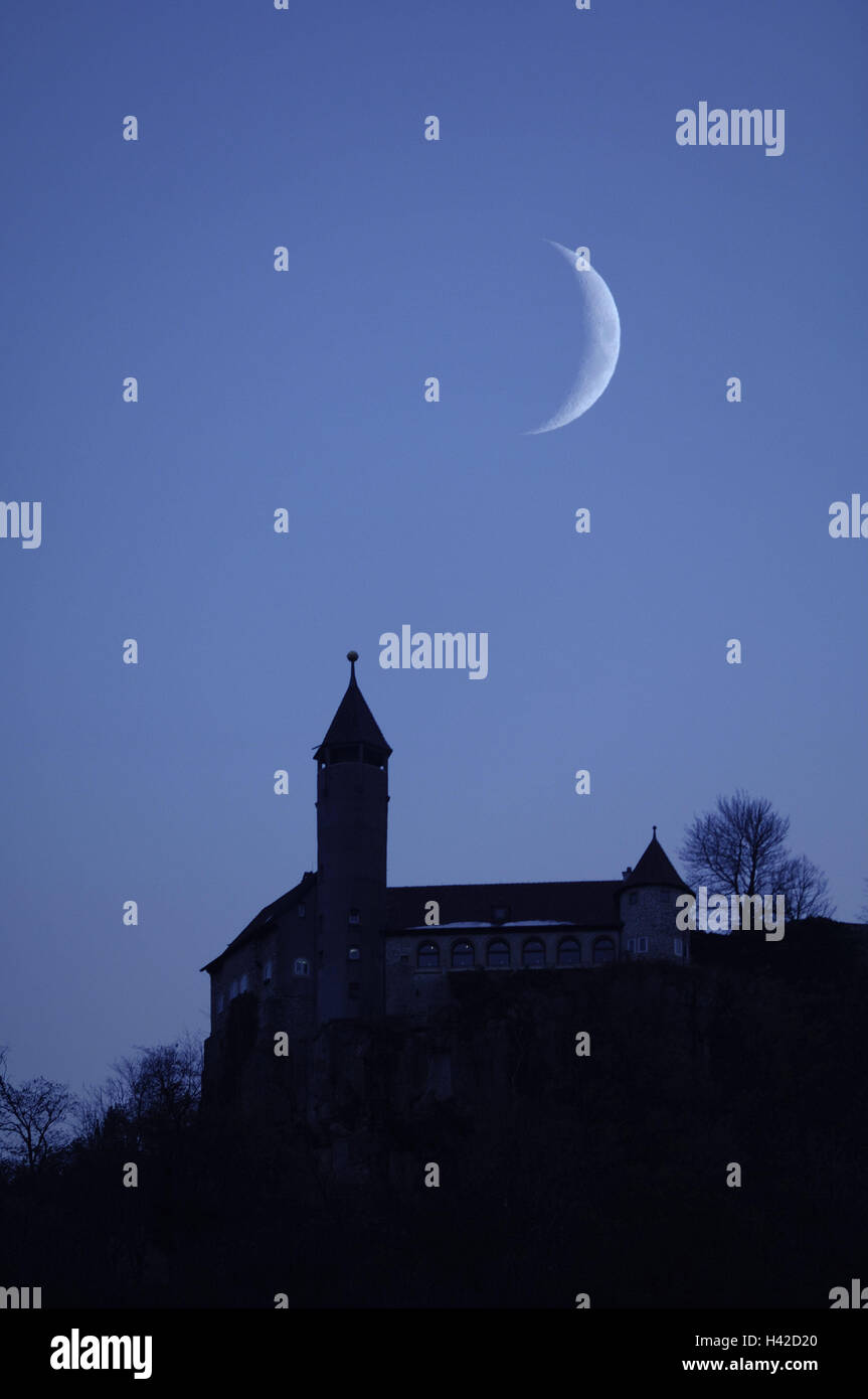 Germany, Baden-Wurttemberg, swabian alp, castle Teck, silhouette, moon, night, Stock Photo