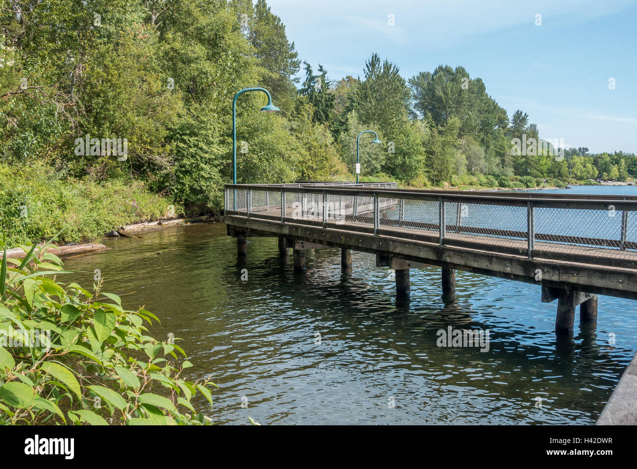 A view of a walkway over the water at Coulon Park in Renton, Washington