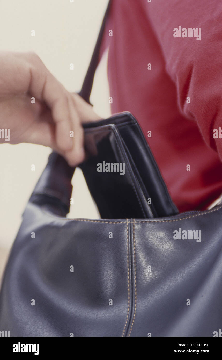 Woman, young, back view, pickpocket, hand, change purse, steal, detail, criminal activity, robbery, steal, steal, purse, criminal, commit a crime, criminally, handbag, pickpocketing, theft, thief, frivolously, inadvertence, inattentively, light warmth Stock Photo