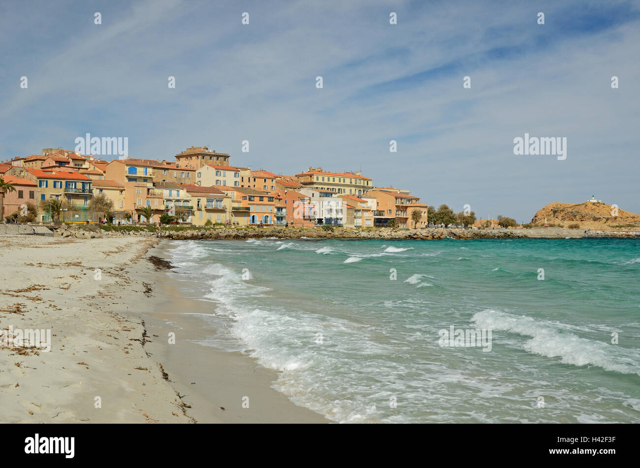 Sandy beach in the Corsican town l'Iles-Rousse Stock Photo - Alamy