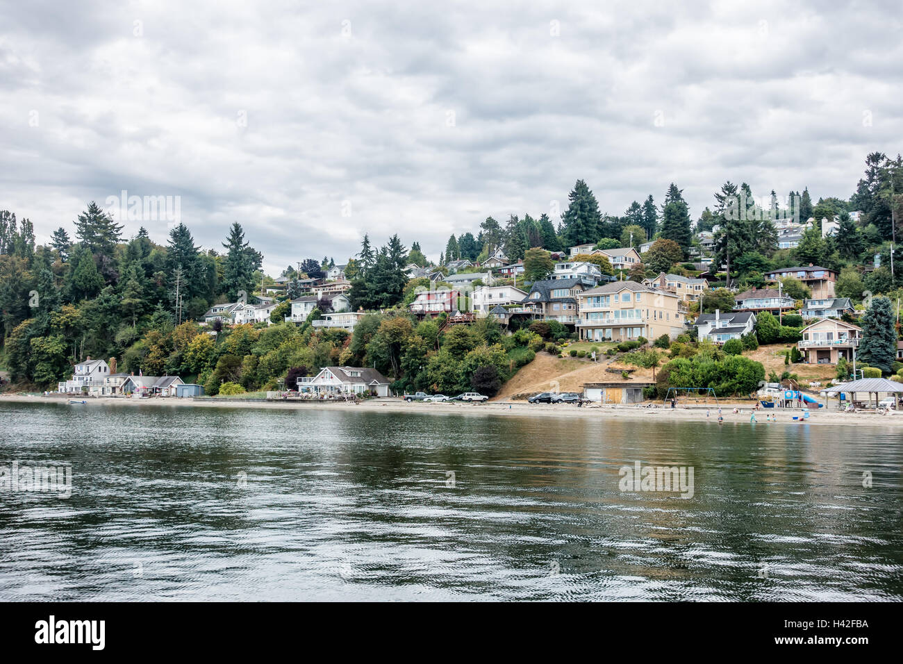 A veie of residences along the shoreline at Dash Point, Washington. Stock Photo