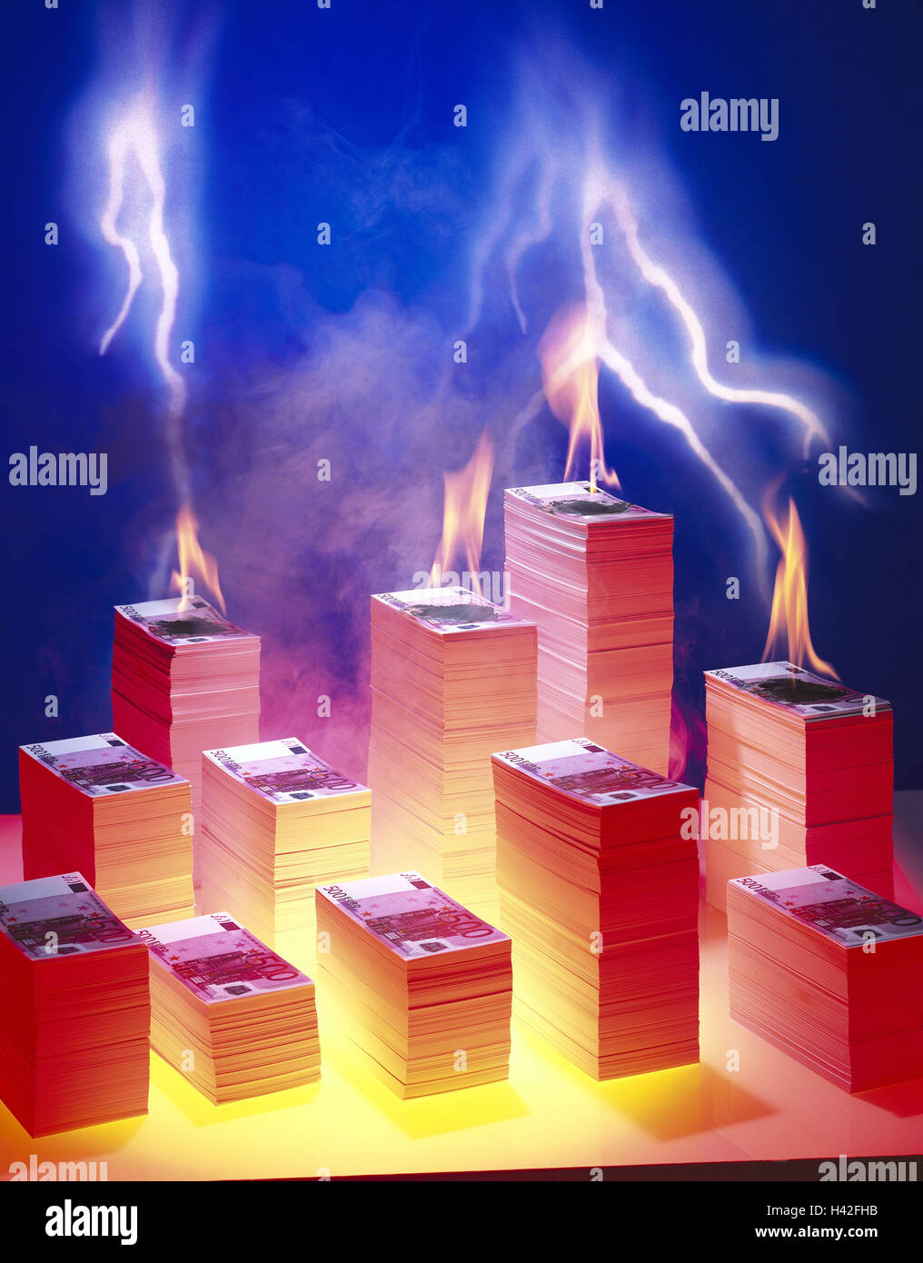 Euro banknotes, stacked, flames, burn, bank notes, banknotes, money