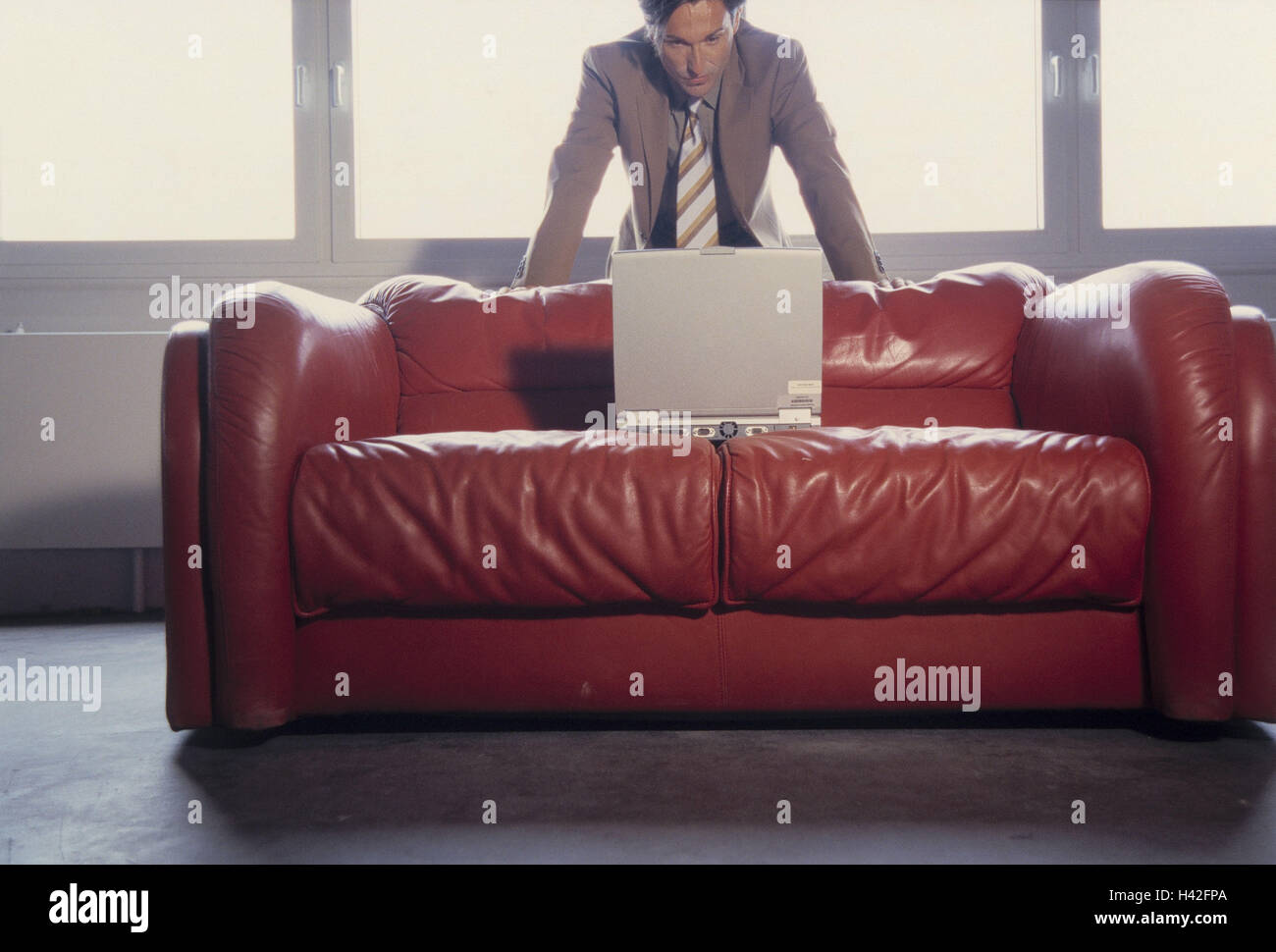 Leather Ball Sofa Manager Stand Look Seriously Laptop Add