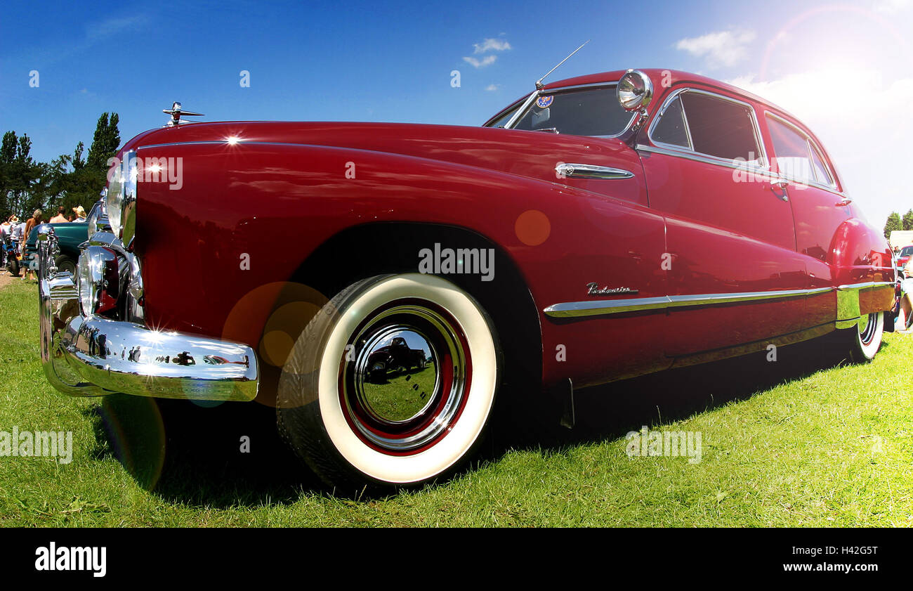 Meadow, old-timer, Buick in 1950, red, side view, car, passenger car, vehicle, old, nostalgically, nostalgia, collector's item, saloon, street cruiser, luxury, nostalgia, valuably, preview, summer, outside, possession, status symbol, wealth, collector's i Stock Photo