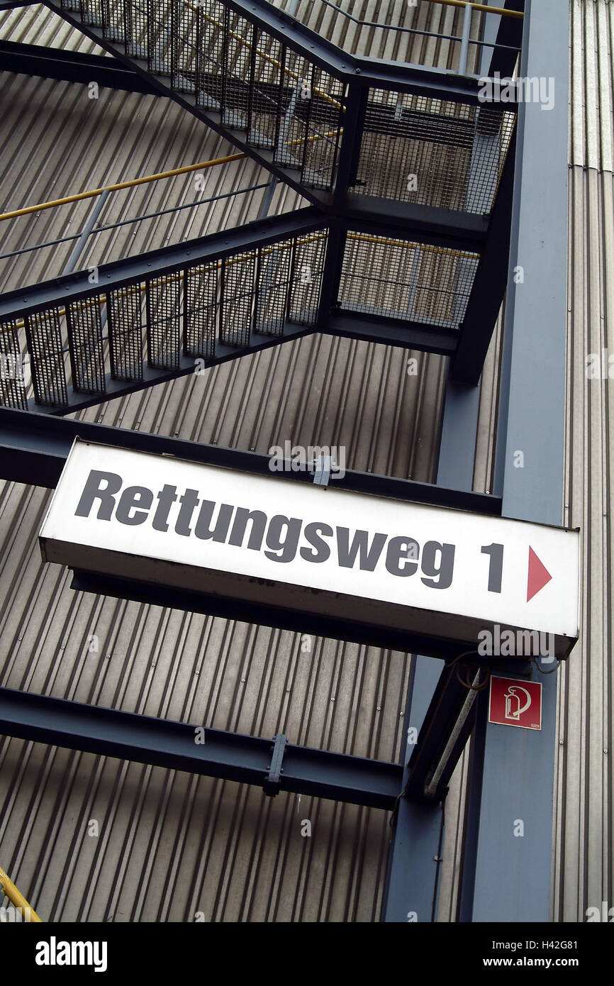 Warehouse, fire escape, sign, "escape route 1", opus hall, emergency