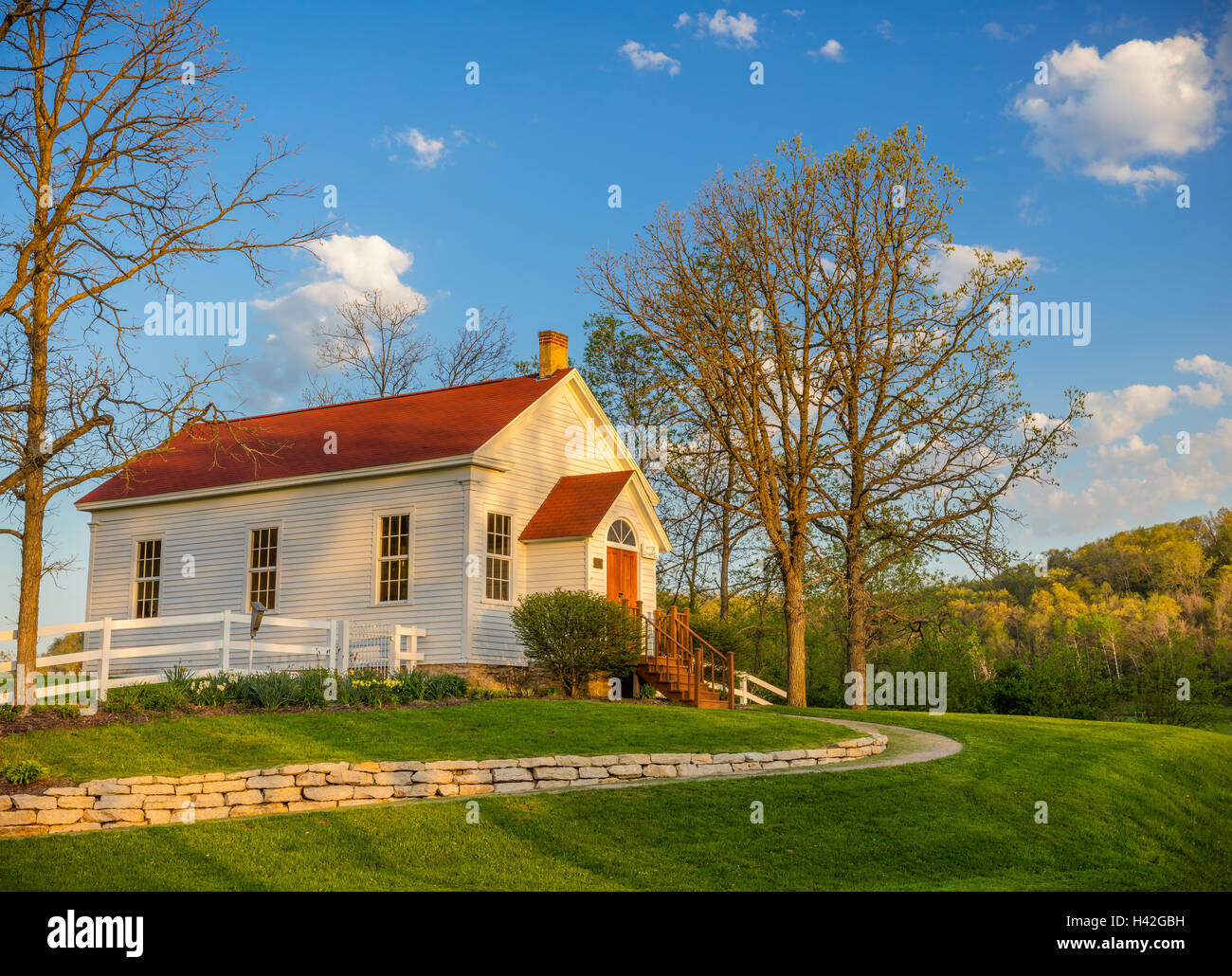 Iowa County, WI: Sunset light on Hyde Chapel, built in 1861, listed in the National Registry of Historic Places Stock Photo