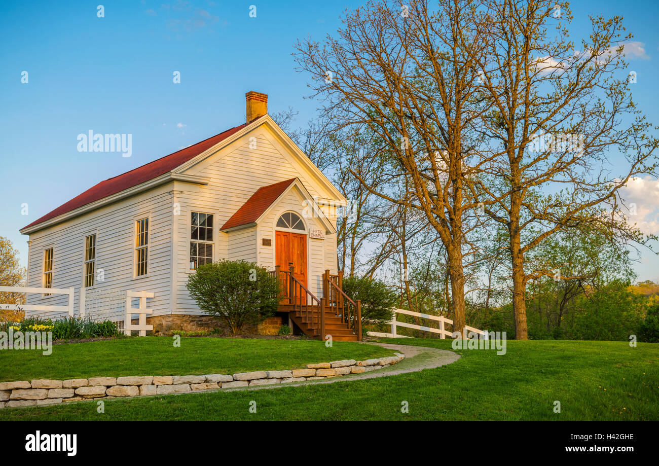 Iowa County, WI: Sunset light on Hyde Chapel, built in 1861, listed in the National Registry of Historic Places Stock Photo