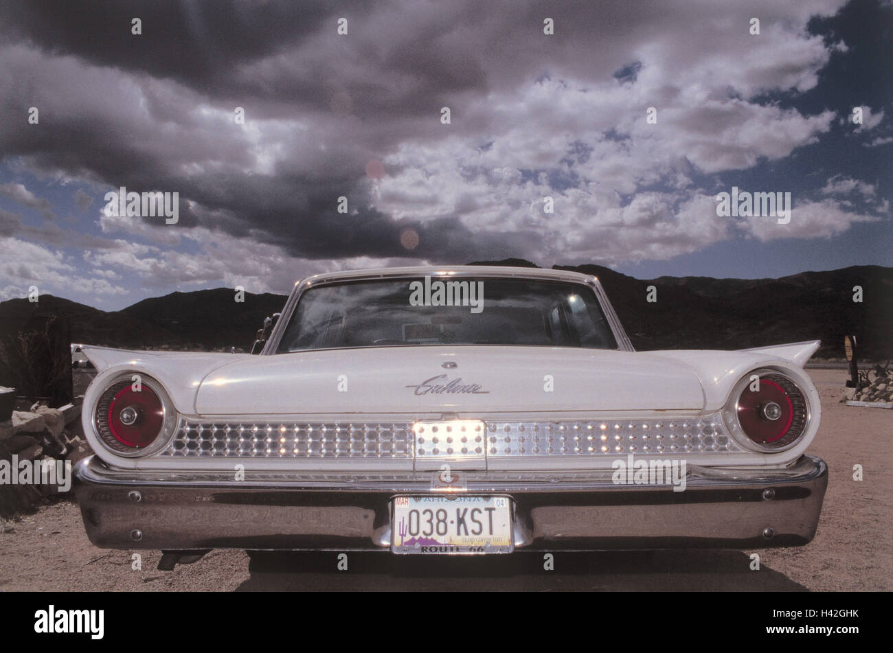 The USA, Arizona, route 66, old-timers "Ford Galaxy", rear view, America,  street, highway, traffic facility,