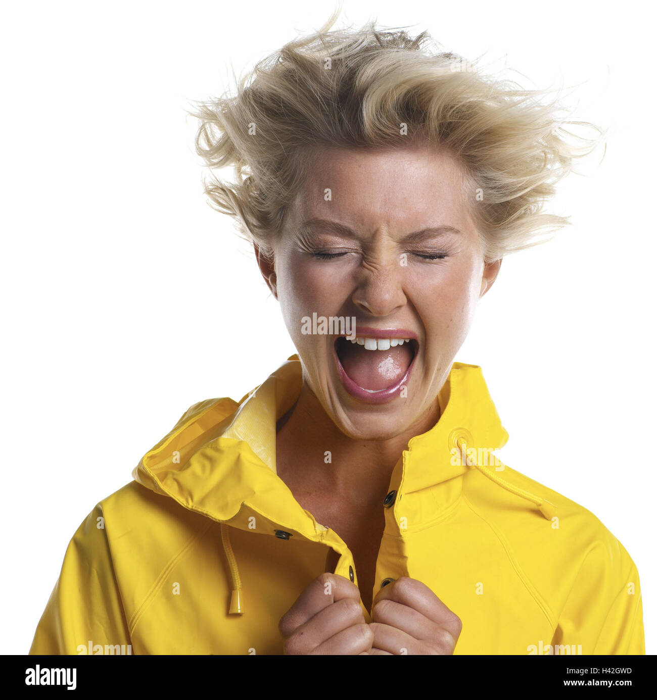 Woman Blond Shout Portrait Rain Jacket Wind Young Eyes